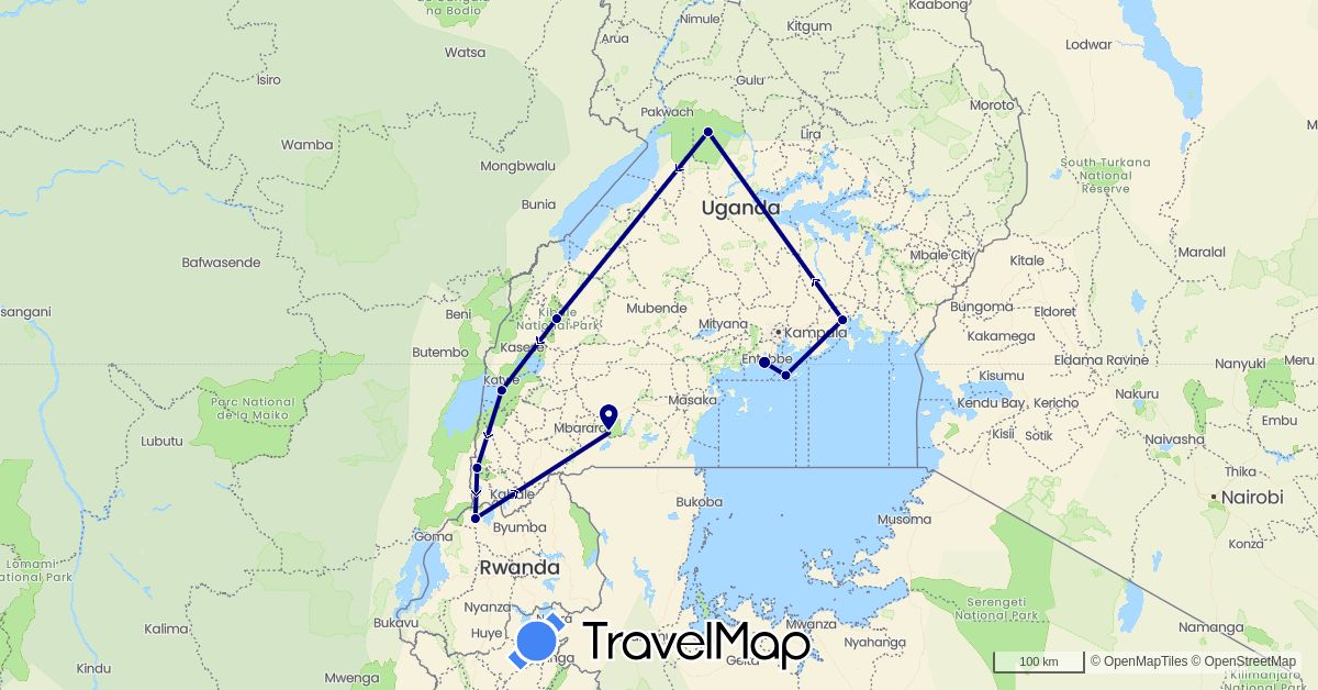 TravelMap itinerary: driving in Rwanda, Uganda (Africa)