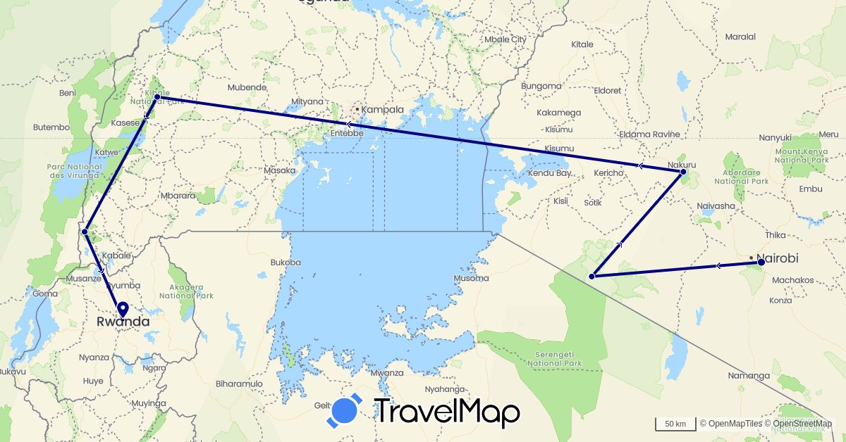 TravelMap itinerary: driving in Kenya, Rwanda, Uganda (Africa)