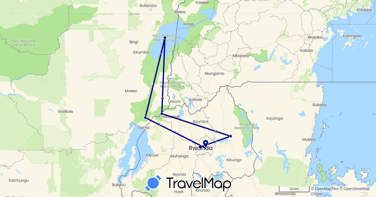 TravelMap itinerary: driving in Democratic Republic of the Congo, Rwanda (Africa)